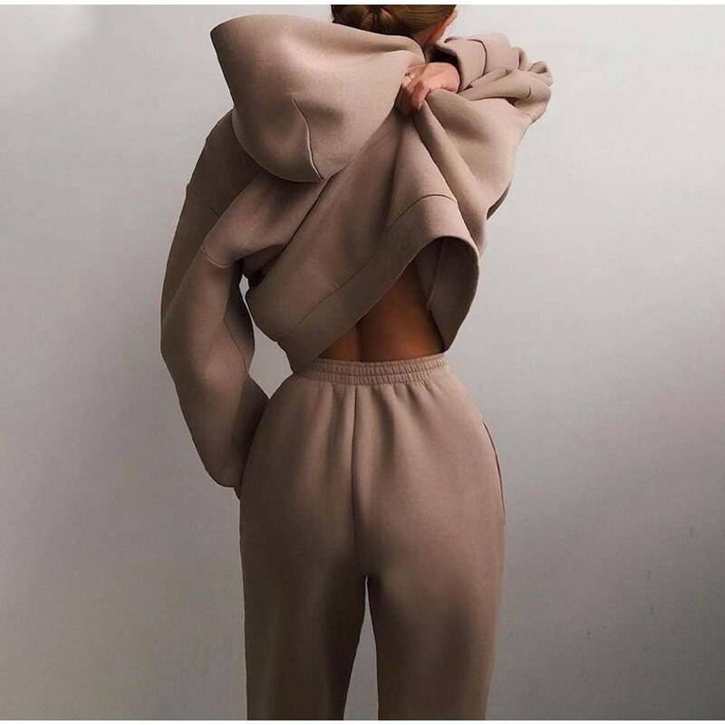 FREE SHIPPING Women Elegant Solid Sets Hoodie And Long Pants OUT0819