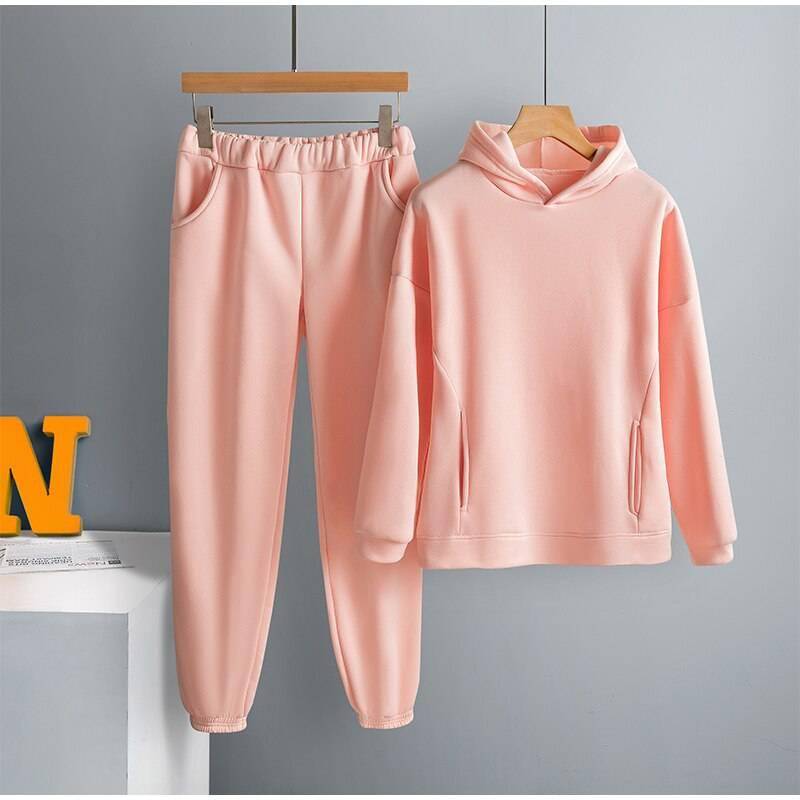 Women Elegant Solid Sets For Women Warm Hoodie Sweatshirts And Long Pant Fashion Two Piece Sets Ladies Lace Up Sweatshirt Suits