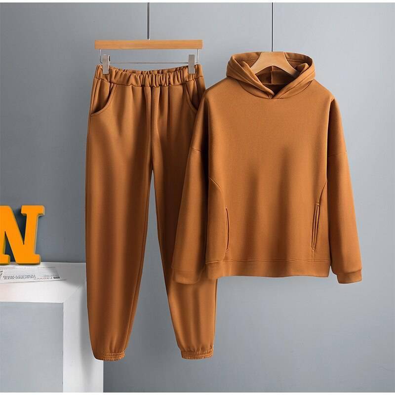 Women Elegant Solid Sets For Women Warm Hoodie Sweatshirts And Long Pant Fashion Two Piece Sets Ladies Lace Up Sweatshirt Suits