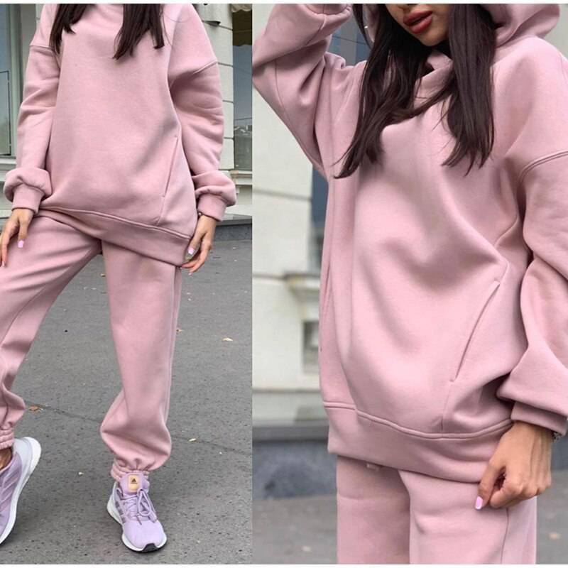 FREE SHIPPING Women Elegant Solid Sets Hoodie And Long Pants OUT0819