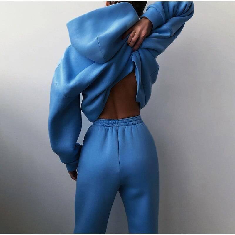 FREE SHIPPING Women Elegant Solid Sets Hoodie And Long Pants OUT0819