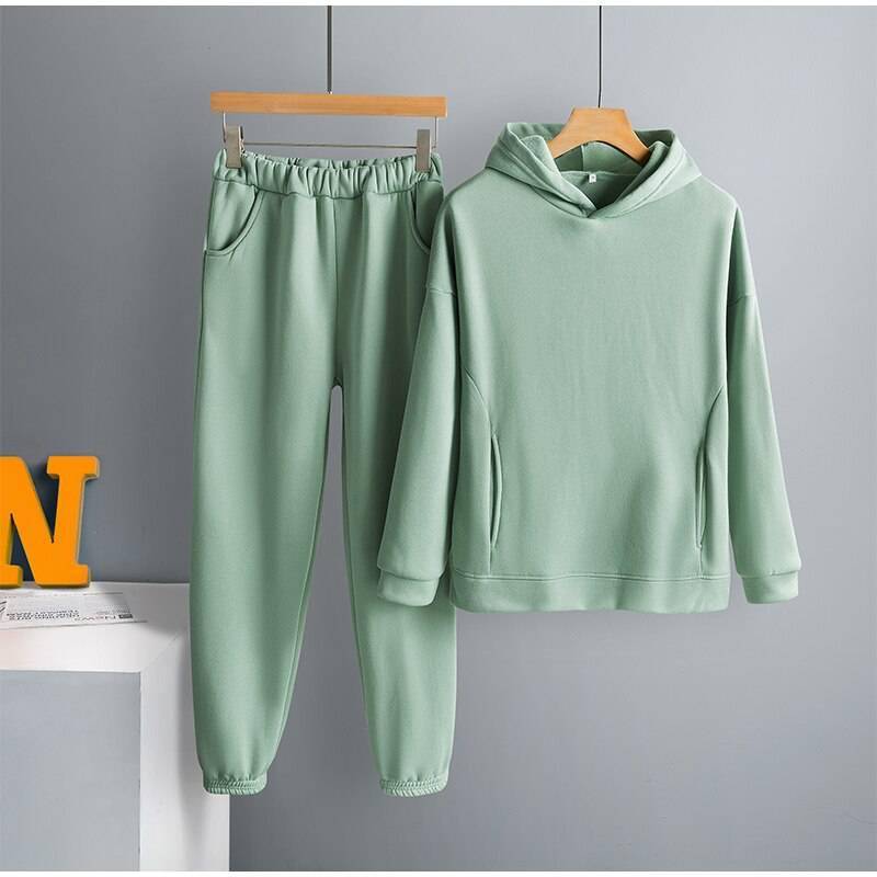 Women Elegant Solid Sets For Women Warm Hoodie Sweatshirts And Long Pant Fashion Two Piece Sets Ladies Lace Up Sweatshirt Suits