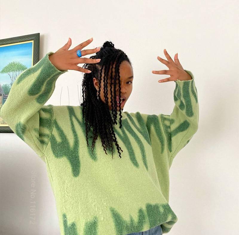 FREE SHIPPING Elegant Green Oversized Pullovers Striped Print OUT0818 FREE SHIPPING Elegant Green Oversized Pullovers Striped Print OUT0818