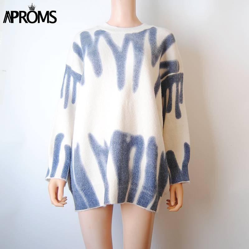Aproms Elegant Green Striped Print Oversized Pullovers Women Winter O-Neck Loose Long Sweaters Streetwear Warm Outerwear 2021 FREE SHIPPING Elegant White Oversized Pullovers Striped Print OUT0818
