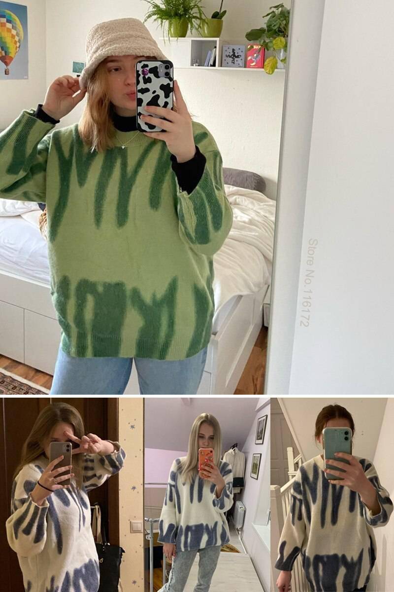 FREE SHIPPING Elegant Green Oversized Pullovers Striped Print OUT0818 FREE SHIPPING Elegant Green Oversized Pullovers Striped Print OUT0818