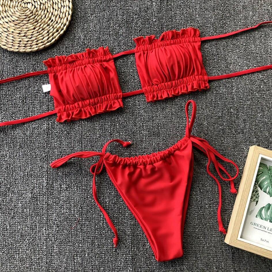 Sexy Bikini 2021 Pleated Bandeau Swimsuit Female Swimwear Women Mini Thong Bikini Set Bather Swimming Beachwear for Bathing Suit Sexy Bikini 2021 Pleated Bandeau Swimsuit Female Swimwear Women Mini Thong Bikini Set Bather Swimming Beachwear for Bathing Suit
