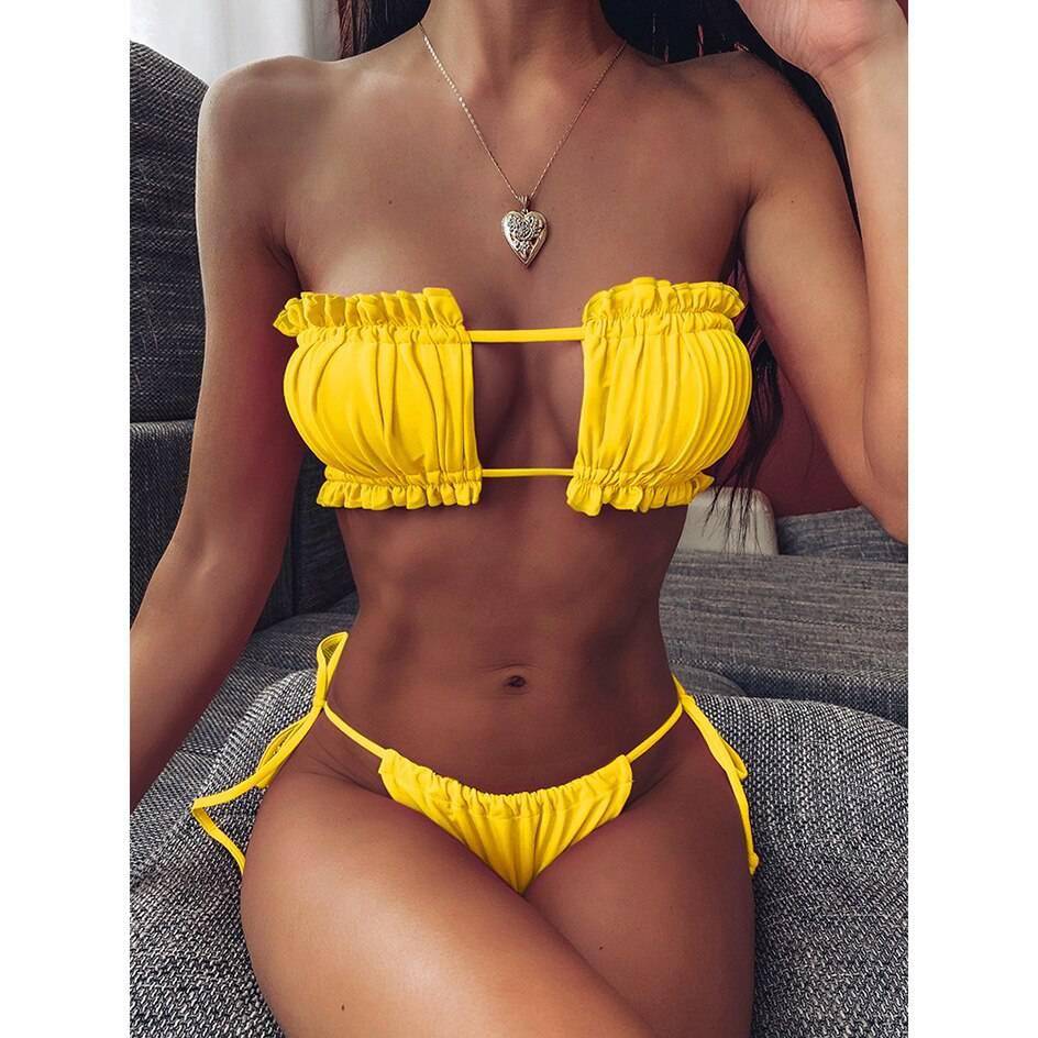 2021 Bikini Style Pleated Bandeau Brazilian Thong Bikini Set OUT820 2021 Bikini Style Pleated Bandeau Brazilian Thong Bikini Set OUT820