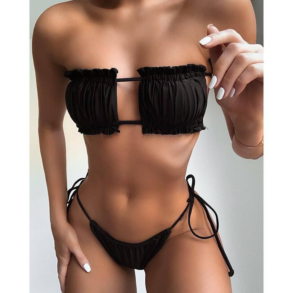 2021 Bikini Style Pleated Bandeau Brazilian Thong Bikini Set OUT820 2021 Bikini Style Pleated Bandeau Brazilian Thong Bikini Set OUT820