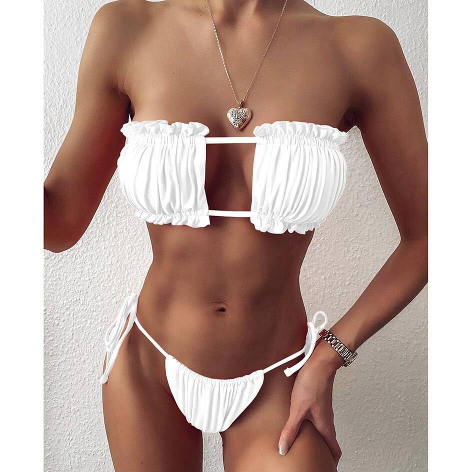 2021 Bikini Style Pleated Bandeau Brazilian Thong Bikini Set OUT820 2021 Bikini Style Pleated Bandeau Brazilian Thong Bikini Set OUT820