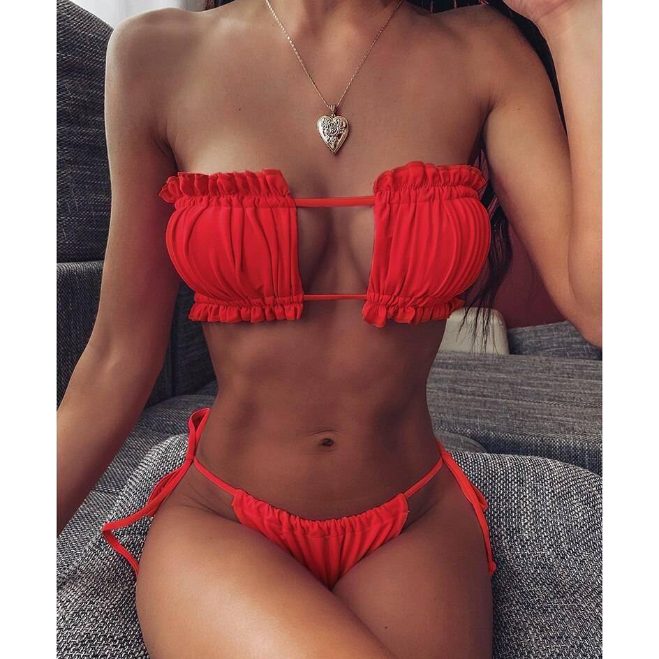 2021 Bikini Style Pleated Bandeau Brazilian Thong Bikini Set OUT820 2021 Bikini Style Pleated Bandeau Brazilian Thong Bikini Set OUT820