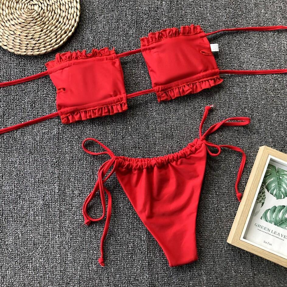 Sexy Bikini 2021 Pleated Bandeau Swimsuit Female Swimwear Women Mini Thong Bikini Set Bather Swimming Beachwear for Bathing Suit Sexy Bikini 2021 Pleated Bandeau Swimsuit Female Swimwear Women Mini Thong Bikini Set Bather Swimming Beachwear for Bathing Suit