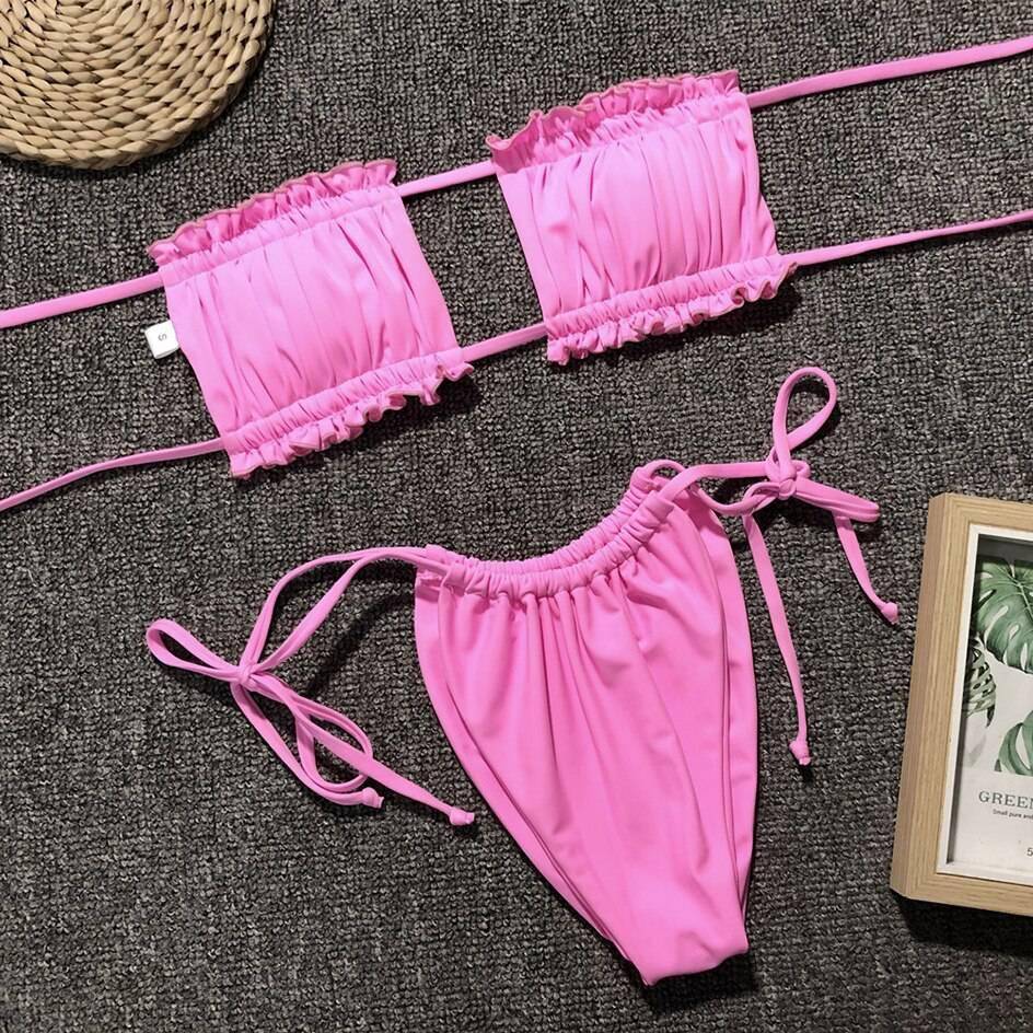 Sexy Bikini 2021 Pleated Bandeau Swimsuit Female Swimwear Women Mini Thong Bikini Set Bather Swimming Beachwear for Bathing Suit Sexy Bikini 2021 Pleated Bandeau Swimsuit Female Swimwear Women Mini Thong Bikini Set Bather Swimming Beachwear for Bathing Suit