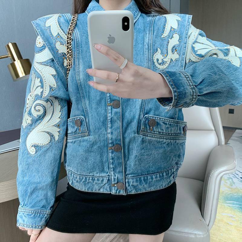 Street Wear Aesthetic Denim Jacket Full Embroidery Rhinestone OUT0823