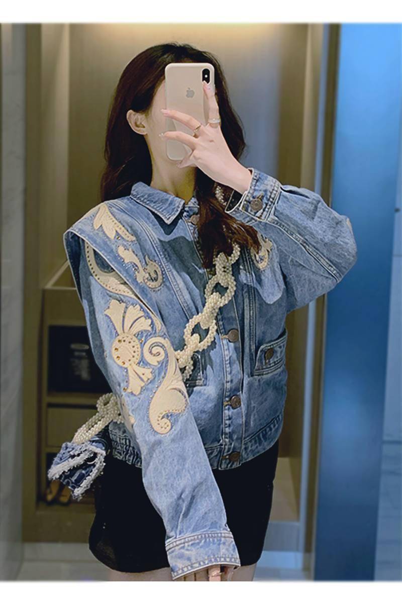 Street Wear Aesthetic Denim Jacket Full Embroidery Rhinestone OUT0823