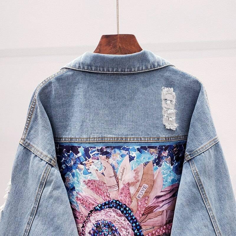 Sequin Floral Embroidery Denim Jacket With Boho Style