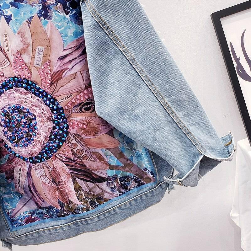 Sequin Floral Embroidery Denim Jacket With Boho Style