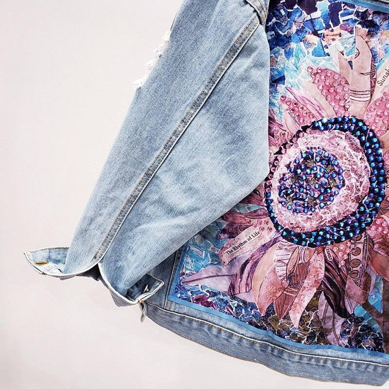 Sequin Floral Embroidery Denim Jacket With Boho Style