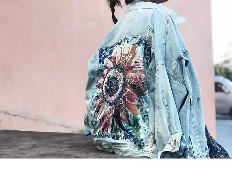 Sequin Floral Embroidery Denim Jacket With Boho Style
