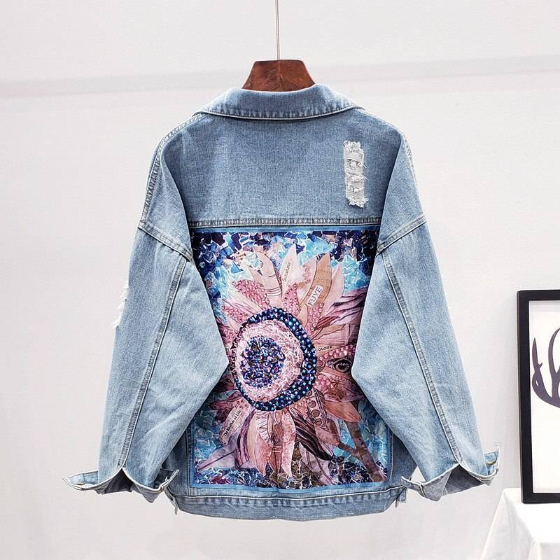 Sequin Floral Embroidery Denim Jacket With Boho Style