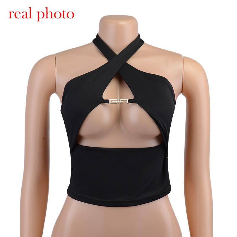 FREE SHIPPING Halter Crop Tops Metal Chain Club Party Outfits OUT0839