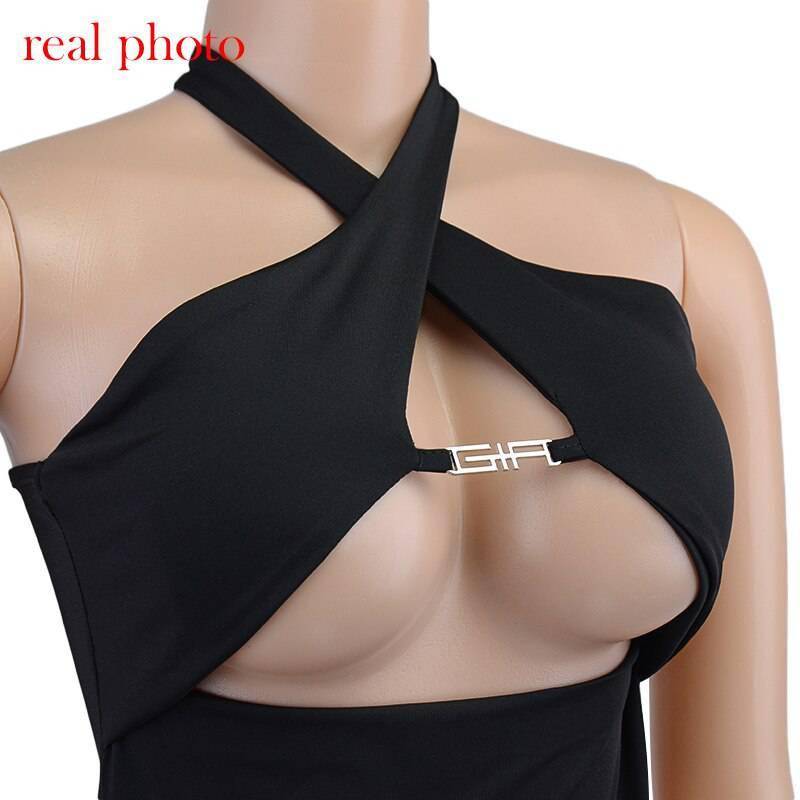 FREE SHIPPING Halter Crop Tops Metal Chain Club Party Outfits OUT0839