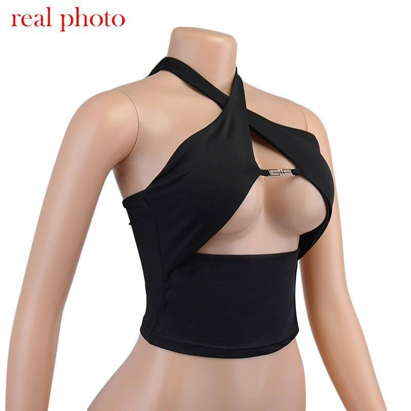 FREE SHIPPING Halter Crop Tops Metal Chain Club Party Outfits OUT0839