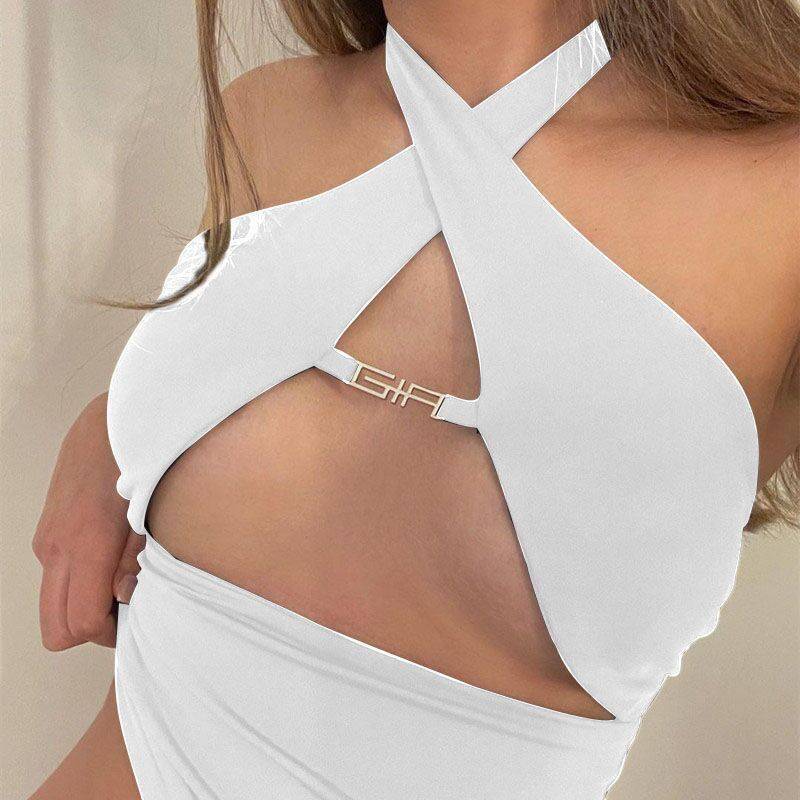 FREE SHIPPING Halter Crop Tops Metal Chain Club Party Outfits OUT0839