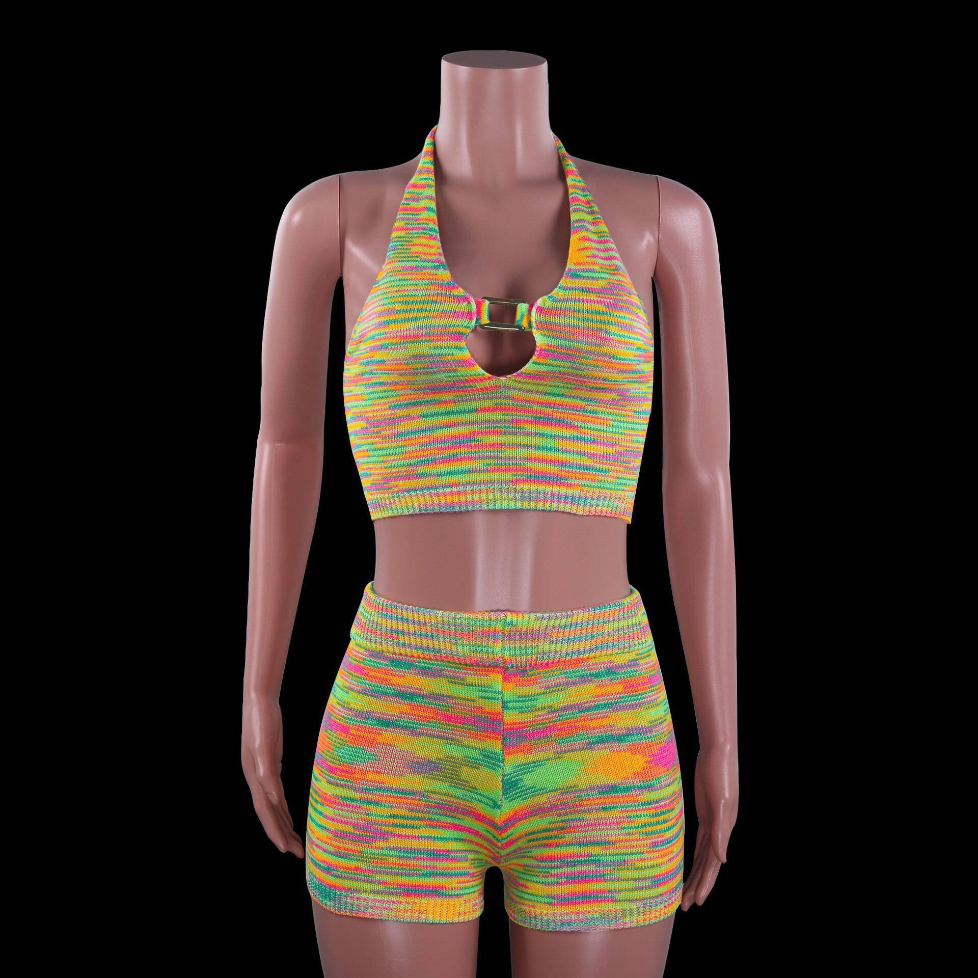 Club Fashion Outfits Rainbow Halter Cut Out Top And Shorts OUT0840 Club Fashion Outfits Rainbow Halter Cut Out Top And Shorts OUT0840