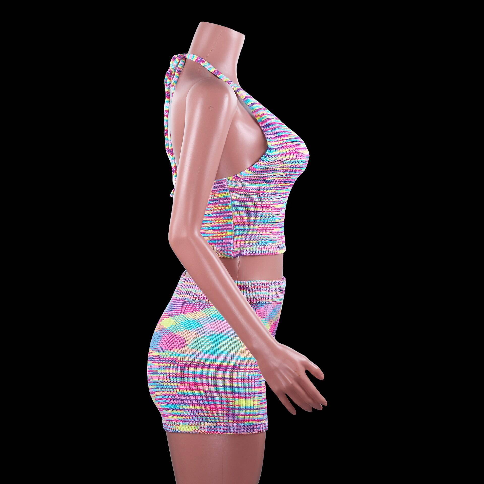 Club Fashion Outfits Rainbow Halter Cut Out Top And Shorts OUT0840 Club Fashion Outfits Rainbow Halter Cut Out Top And Shorts OUT0840