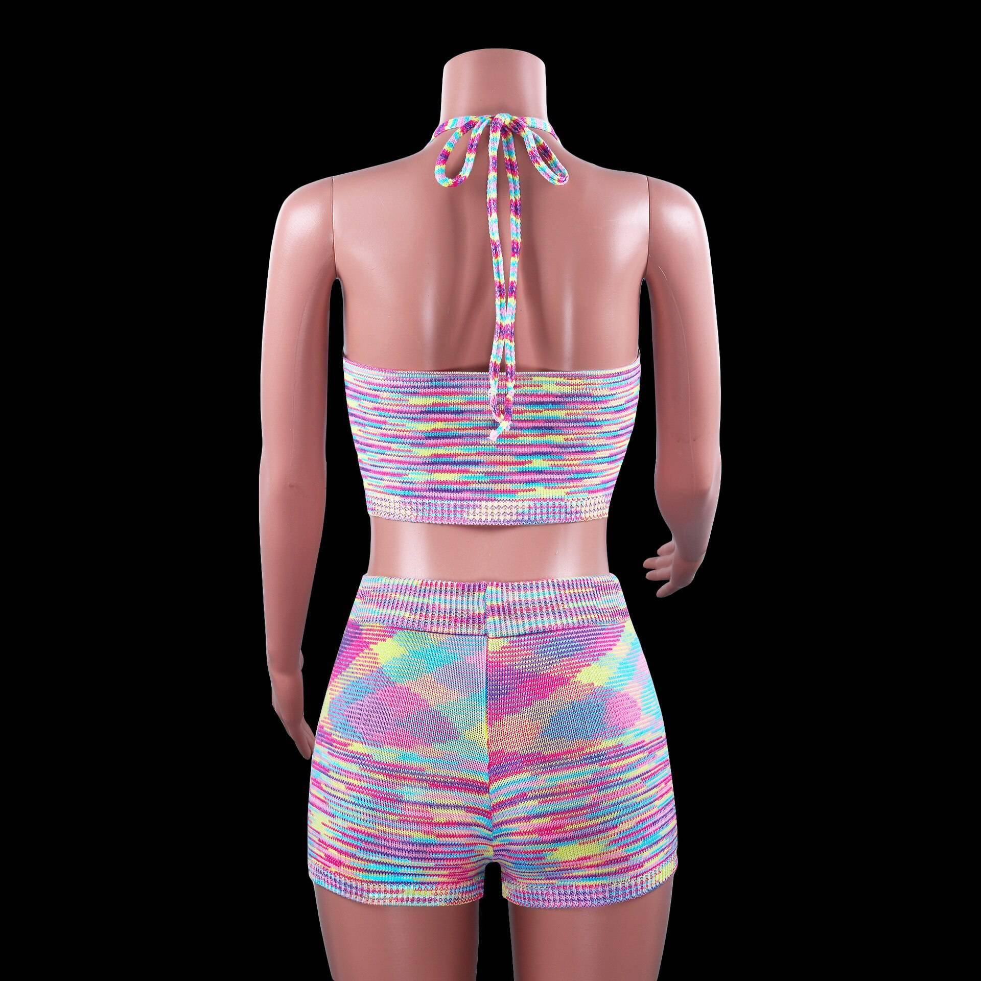 Club Fashion Outfits Rainbow Halter Cut Out Top And Shorts OUT0840 Club Fashion Outfits Rainbow Halter Cut Out Top And Shorts OUT0840