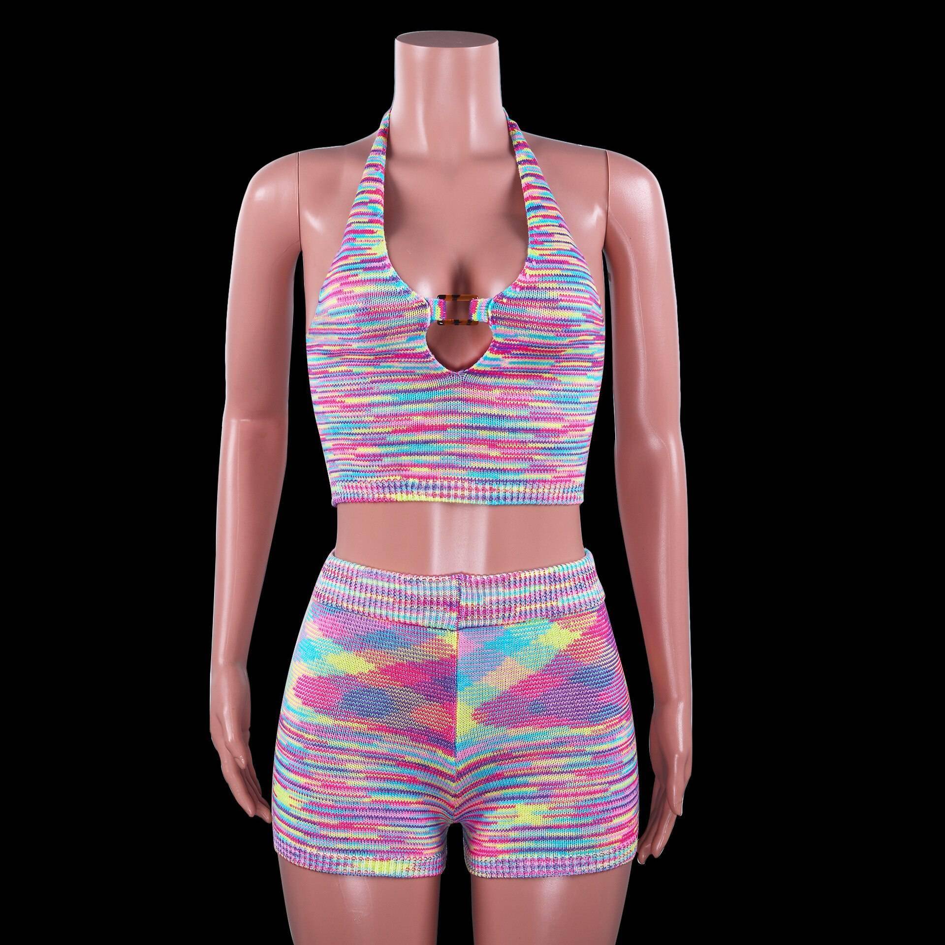 Club Fashion Outfits Rainbow Halter Cut Out Top And Shorts OUT0840 Club Fashion Outfits Rainbow Halter Cut Out Top And Shorts OUT0840