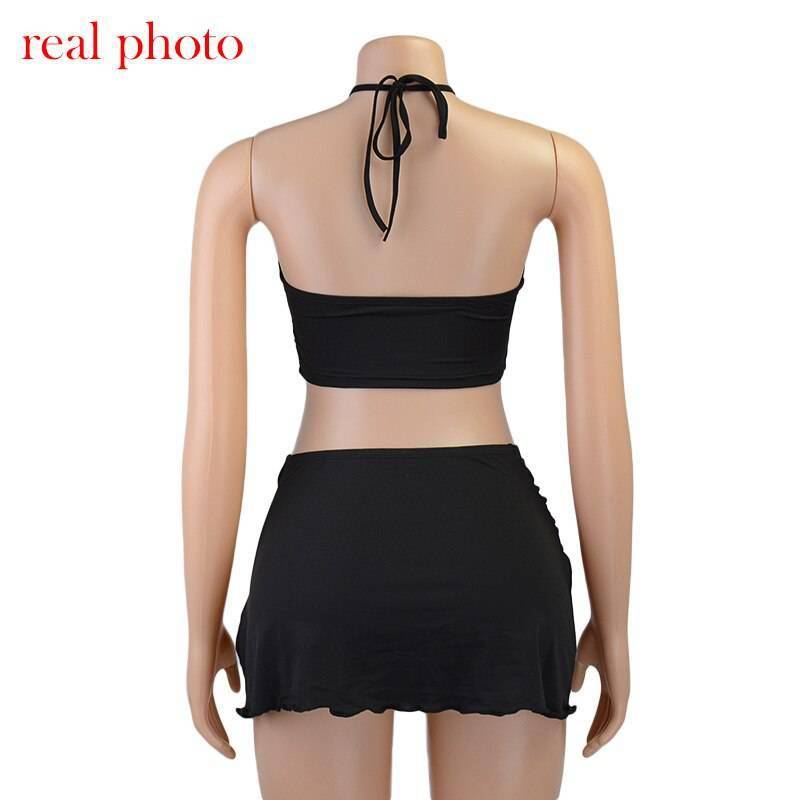 Cryptographic Halter Sexy Crop Top and Mini Skirts Two Piece Rave Festival Matching Set Fashion Outfits Sleeveless Women's Set