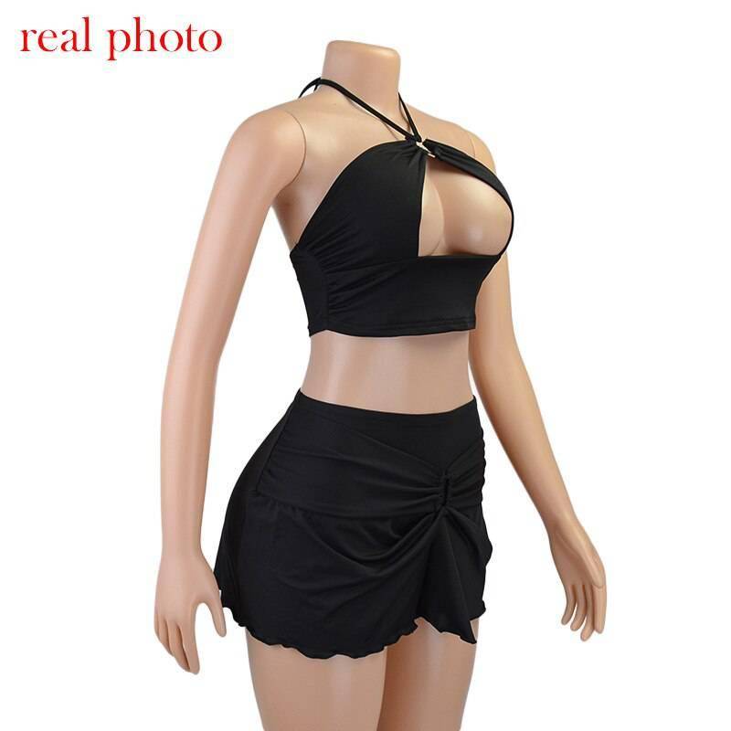 Cryptographic Halter Sexy Crop Top and Mini Skirts Two Piece Rave Festival Matching Set Fashion Outfits Sleeveless Women's Set