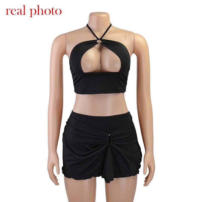 FREE SHIPPING Festival Fashion Outfits Halter Crop Top And Mini Skirts OUT0841