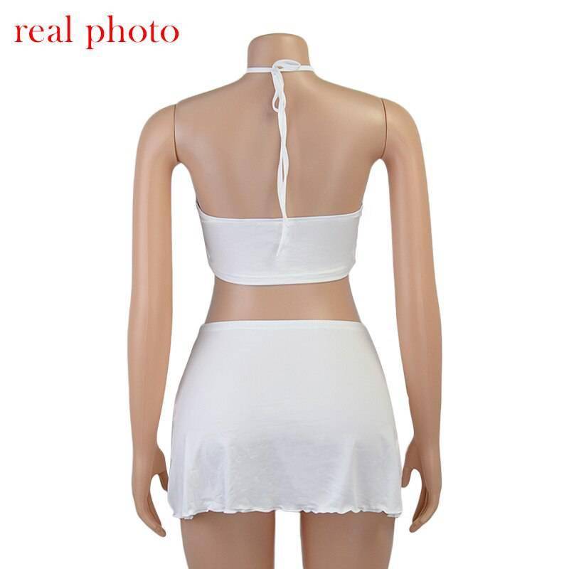 Cryptographic Halter Sexy Crop Top and Mini Skirts Two Piece Rave Festival Matching Set Fashion Outfits Sleeveless Women's Set