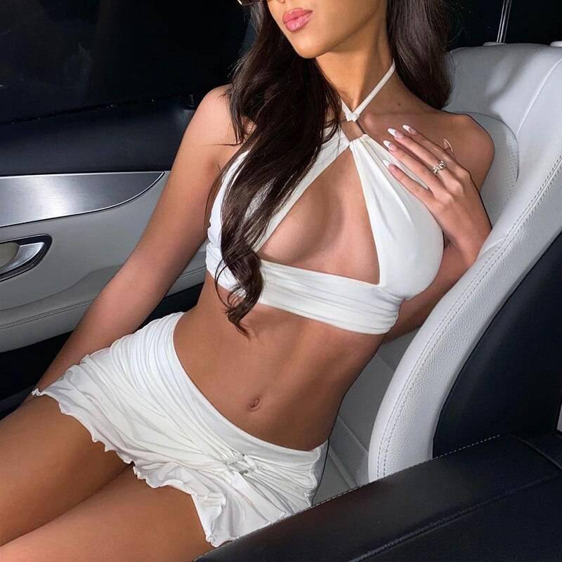 FREE SHIPPING Festival Fashion Outfits Halter Crop Top And Mini Skirts OUT0841