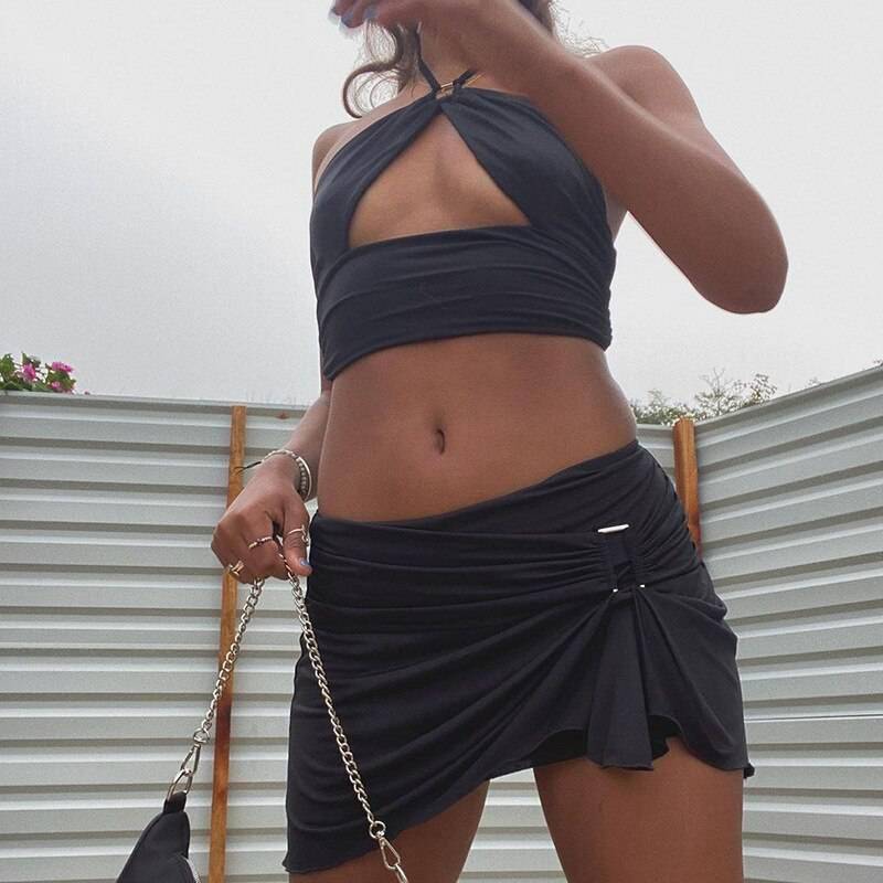 FREE SHIPPING Festival Fashion Outfits Halter Crop Top And Mini Skirts OUT0841