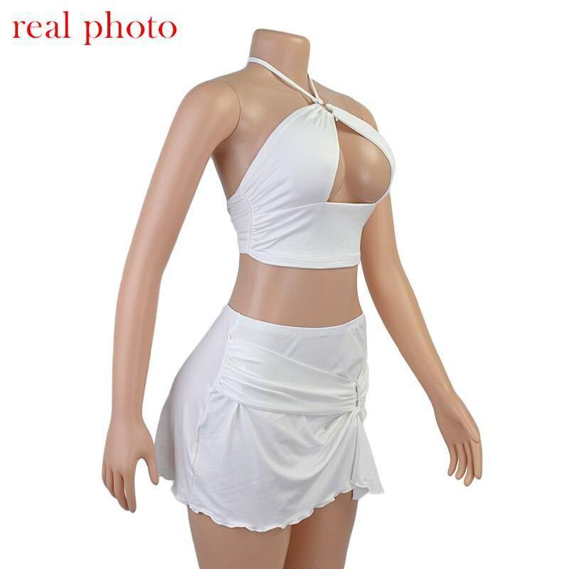 Cryptographic Halter Sexy Crop Top and Mini Skirts Two Piece Rave Festival Matching Set Fashion Outfits Sleeveless Women's Set