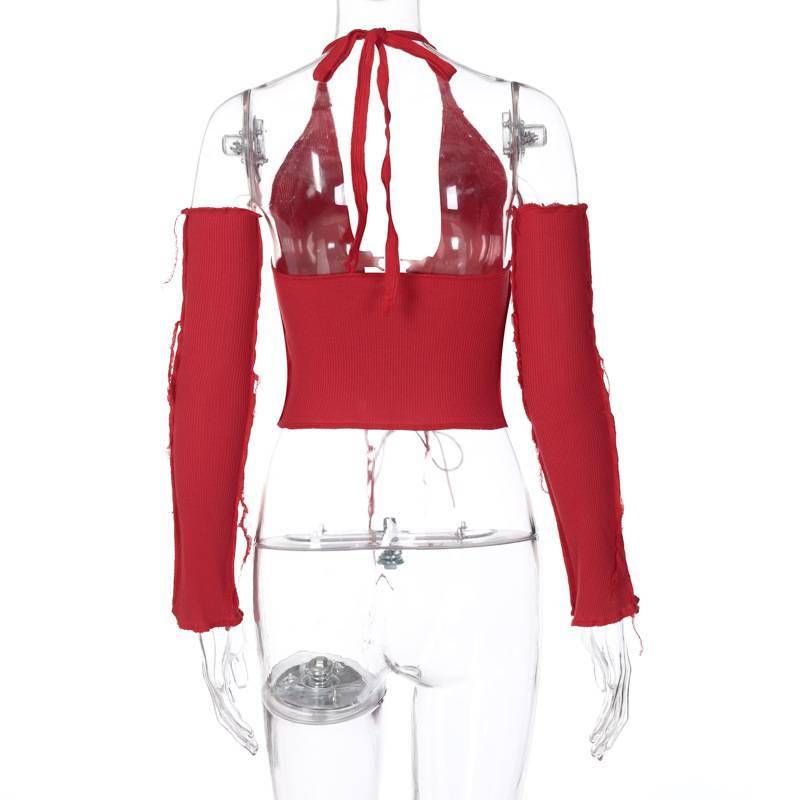 2020 Backless Halter Ribbed Tie Front Top Women Long Sleeve Hollow Out Lace Up T Shirts Patchwork Sexy Bodycon Y2K Crop Top