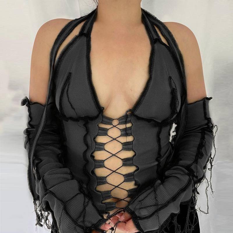 FREE SHIPPING Halter Crop Top Backless Ribbed Tie Front OUT0843