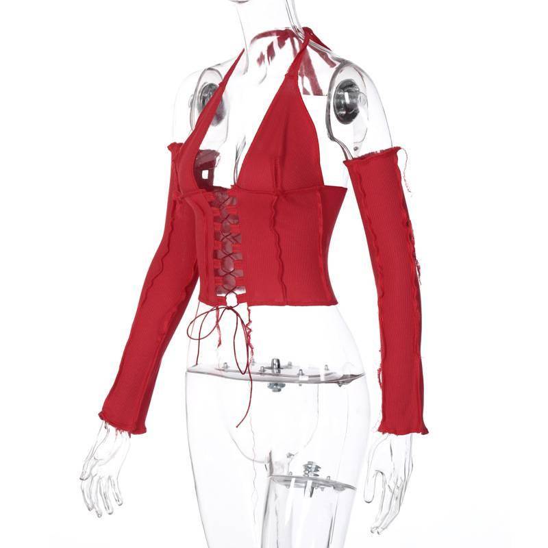 2020 Backless Halter Ribbed Tie Front Top Women Long Sleeve Hollow Out Lace Up T Shirts Patchwork Sexy Bodycon Y2K Crop Top