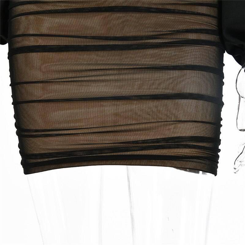 Fantoye 2021 Spring Double Layer Mesh Mini Dress Women Lantern Sleeve Ruched Bodycon Dress Clubwear Sexy Black Backless Vestido