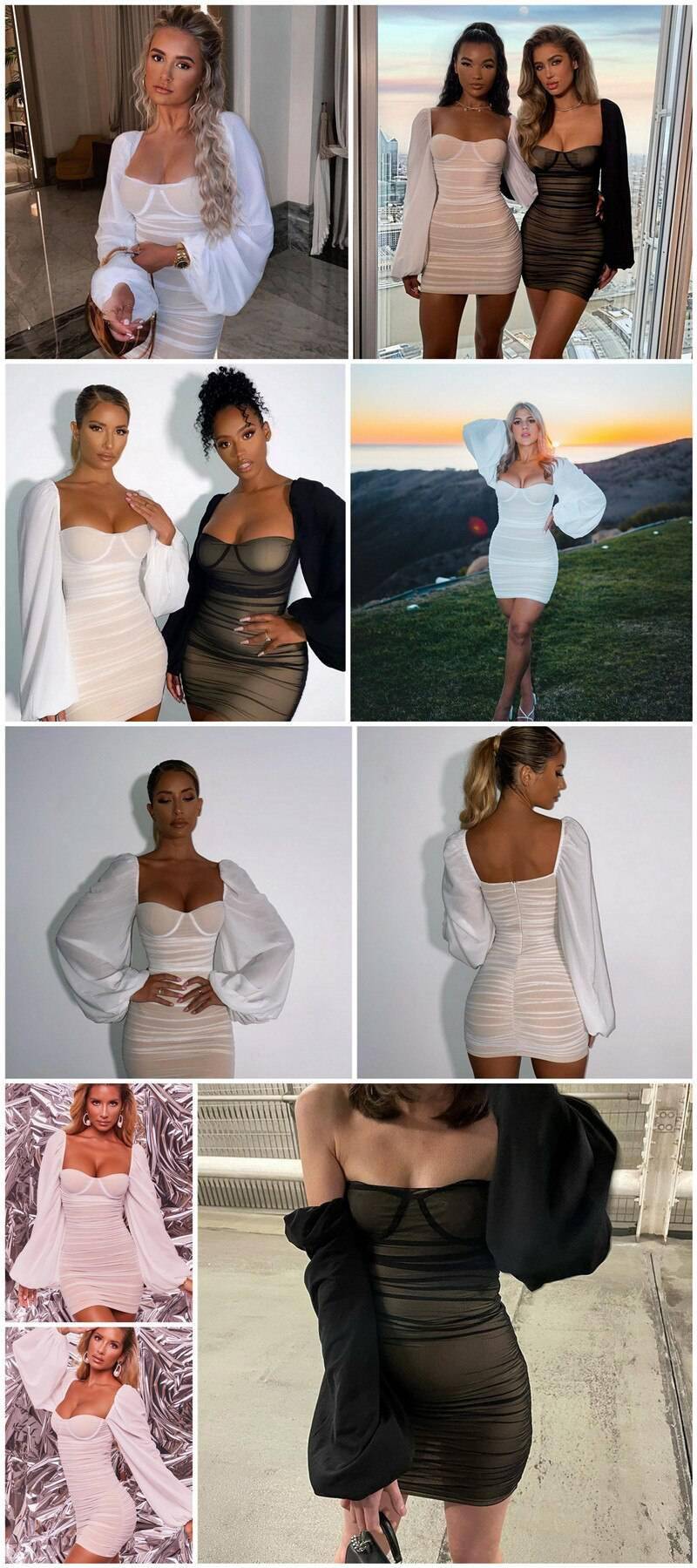 Fantoye 2021 Spring Double Layer Mesh Mini Dress Women Lantern Sleeve Ruched Bodycon Dress Clubwear Sexy Black Backless Vestido