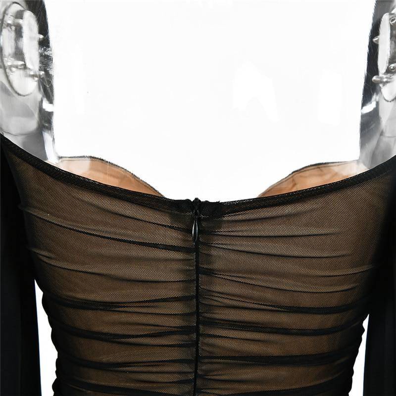 Fantoye 2021 Spring Double Layer Mesh Mini Dress Women Lantern Sleeve Ruched Bodycon Dress Clubwear Sexy Black Backless Vestido