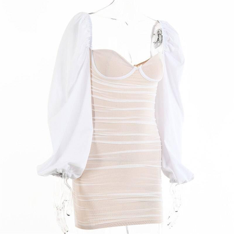 Fantoye 2021 Spring Double Layer Mesh Mini Dress Women Lantern Sleeve Ruched Bodycon Dress Clubwear Sexy Black Backless Vestido