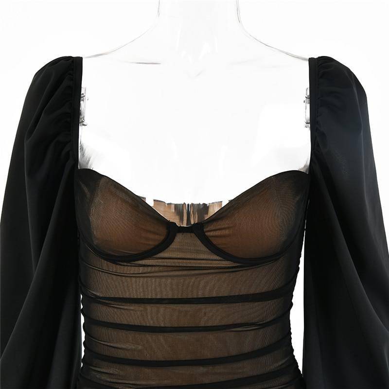 Fantoye 2021 Spring Double Layer Mesh Mini Dress Women Lantern Sleeve Ruched Bodycon Dress Clubwear Sexy Black Backless Vestido