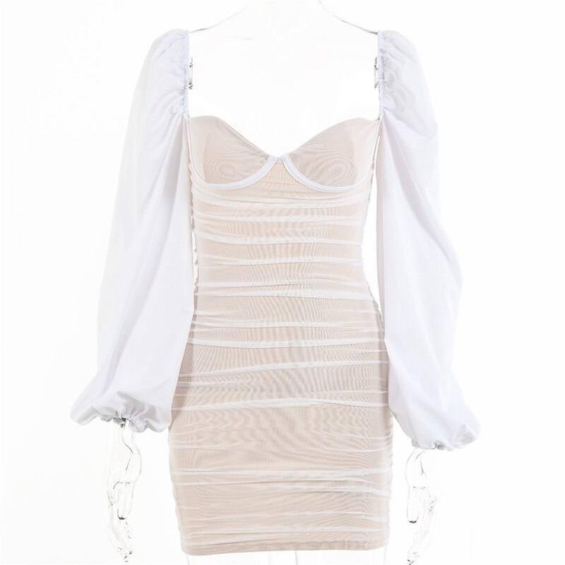 Fantoye 2021 Spring Double Layer Mesh Mini Dress Women Lantern Sleeve Ruched Bodycon Dress Clubwear Sexy Black Backless Vestido