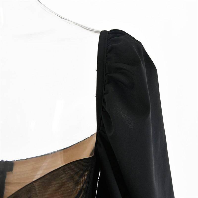 Fantoye 2021 Spring Double Layer Mesh Mini Dress Women Lantern Sleeve Ruched Bodycon Dress Clubwear Sexy Black Backless Vestido