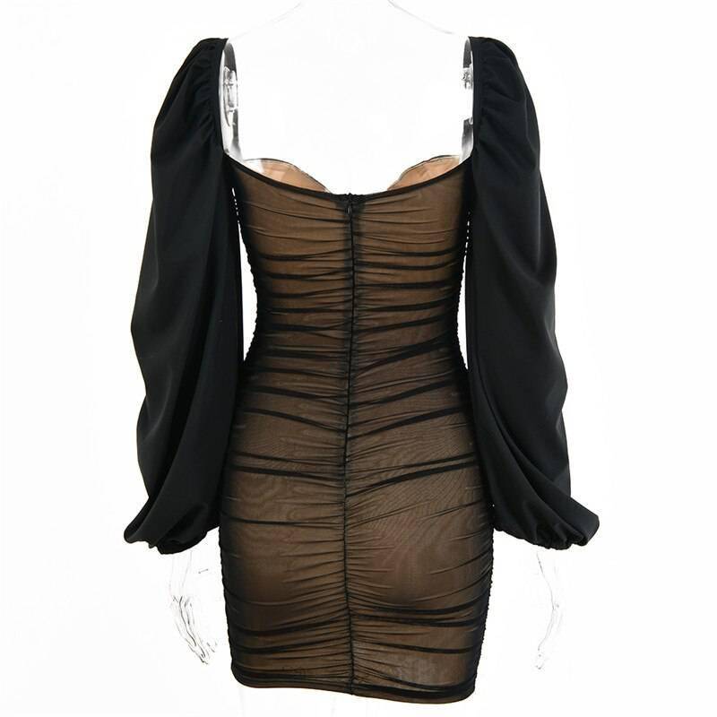 Fantoye 2021 Spring Double Layer Mesh Mini Dress Women Lantern Sleeve Ruched Bodycon Dress Clubwear Sexy Black Backless Vestido