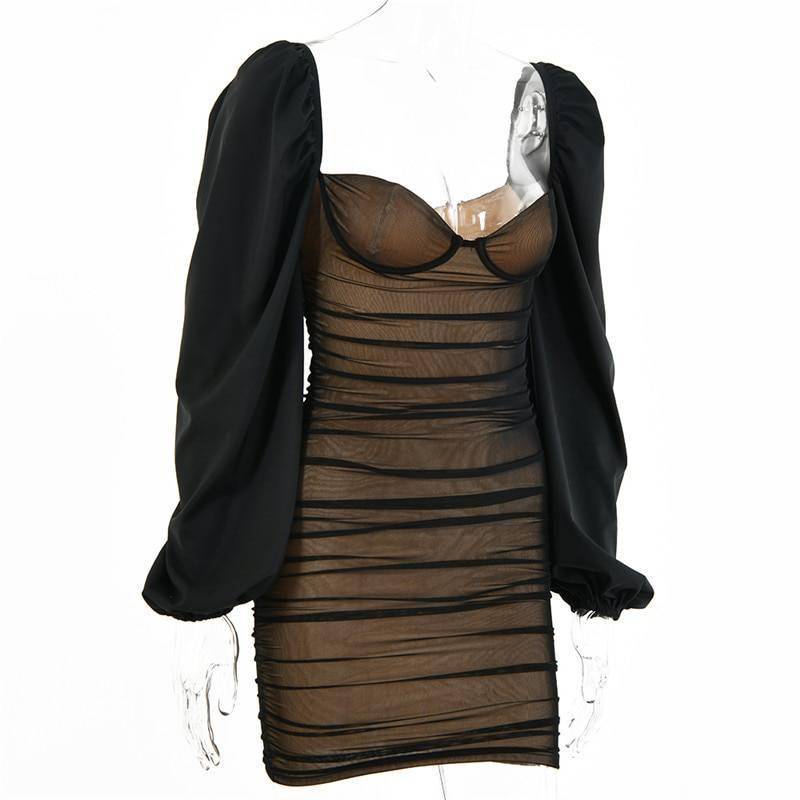 Fantoye 2021 Spring Double Layer Mesh Mini Dress Women Lantern Sleeve Ruched Bodycon Dress Clubwear Sexy Black Backless Vestido